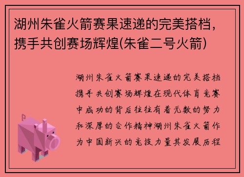 湖州朱雀火箭赛果速递的完美搭档，携手共创赛场辉煌(朱雀二号火箭)