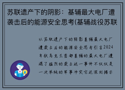 苏联遗产下的阴影：基辅最大电厂遭袭击后的能源安全思考(基辅战役苏联惨败原因分析)