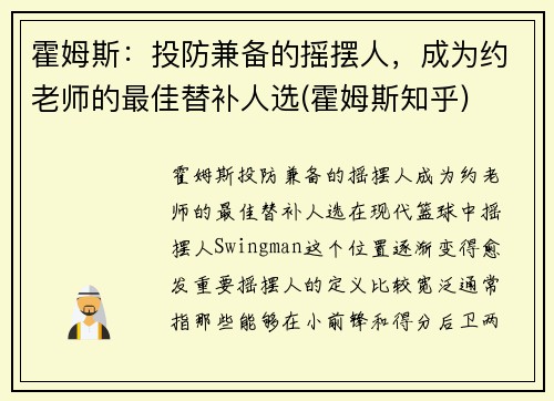 霍姆斯：投防兼备的摇摆人，成为约老师的最佳替补人选(霍姆斯知乎)